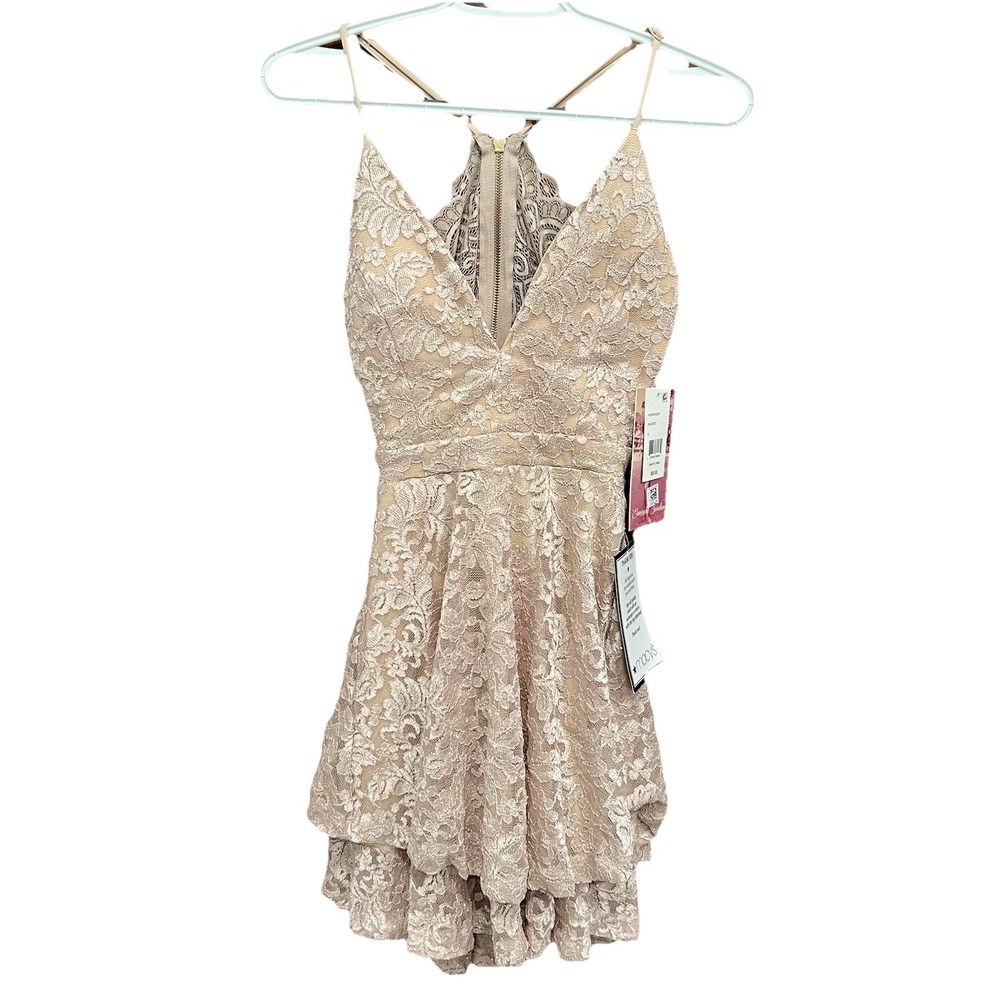 Emerald Sundae Lace Party Dress V Neck‎ Ruffle Hem Sleeveless Beige Size S